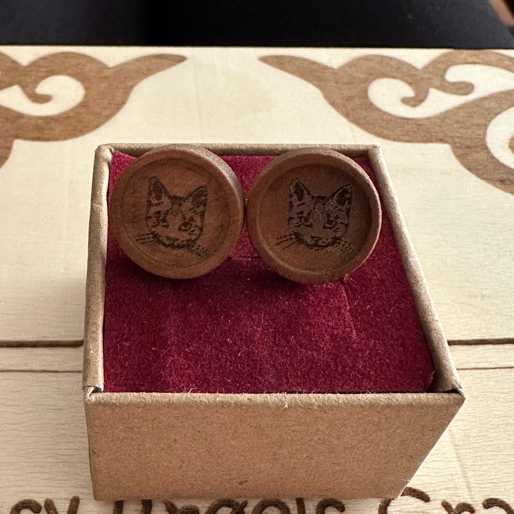 Cat Engraved Wooden Earrings